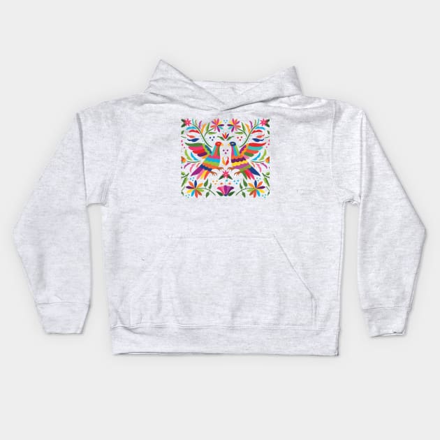 Mexican Otomí Birds. Colorful and floral composition by Akbaly Kids Hoodie by Akbaly